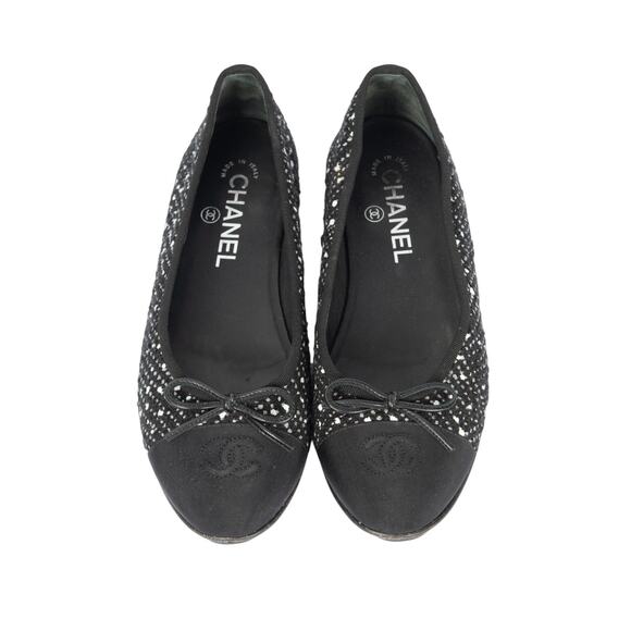 CHANEL Black Tweed CC Cap Toe Ballet Flats Size 37.5 US 7.5 - Picture 2 of 4